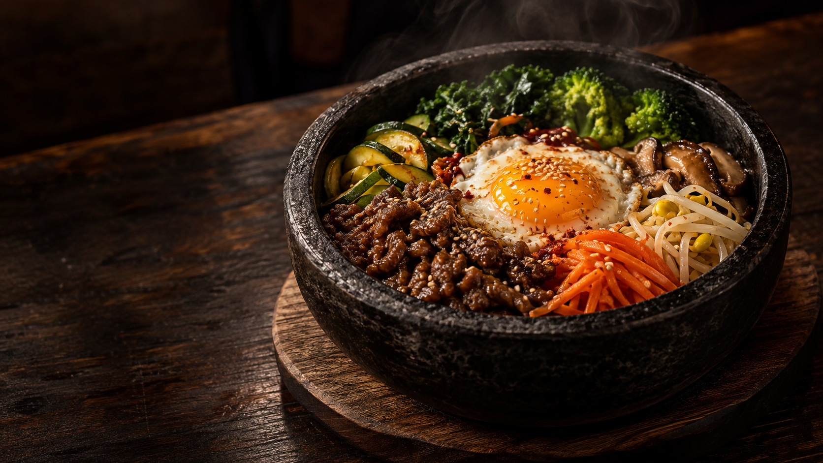 Steaming stone-bowl beef bibimbap with fresh vegetables